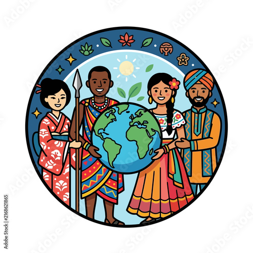 This multicultural global unity and diversity illustration shows people from various backgrounds holding the earth planet to celebrate world peace.