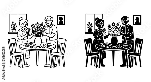 Foto Elderly Couple Arranging Flowers, Vintage Line Art Vector Set