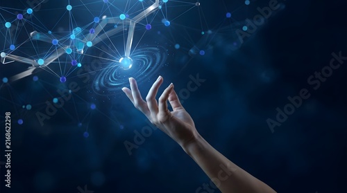Human hand interacting with digital molecular structure