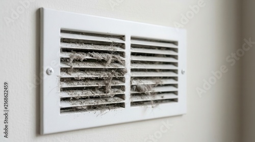 Clogged air vent with thick dust accumulated, affecting indoor air quality and requiring hvac system cleaning