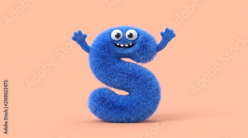 Cheerful blue fuzzy monster character shaped like letter S with raised arms