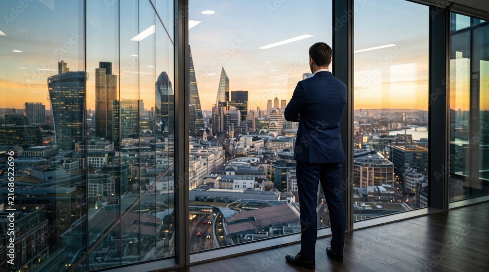 Fototapeta premium Confident businessman standing in modern high rise office looking out at London city skyline during golden sunset, contemplating success and future strategy in financial district