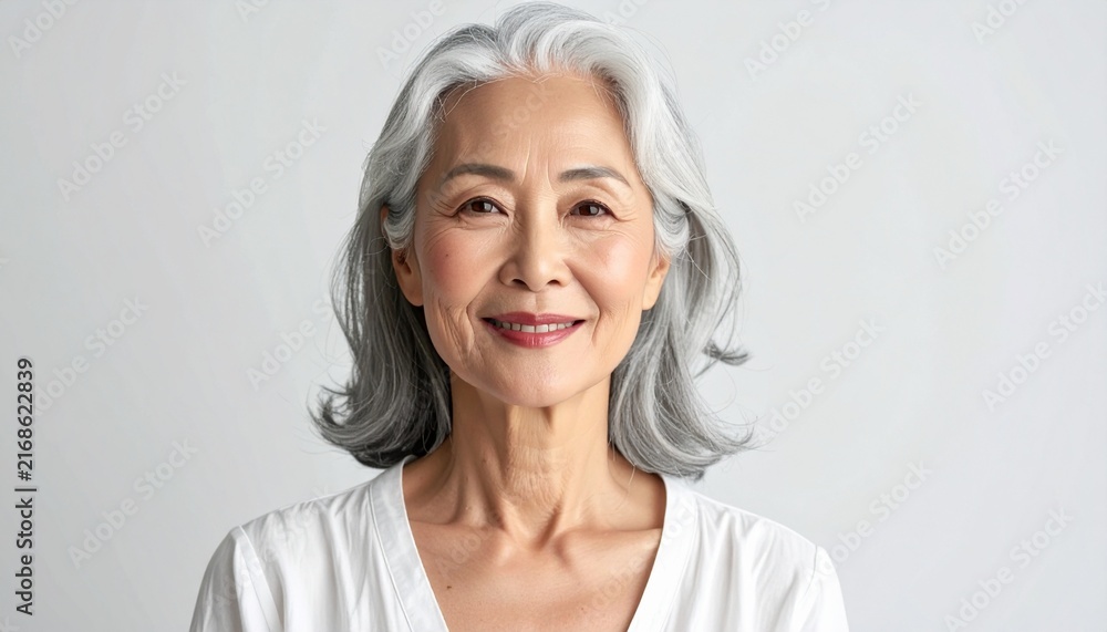 Fototapeta premium Graceful Asian Woman in Her 60s Portrait with Silver Hair on White Background