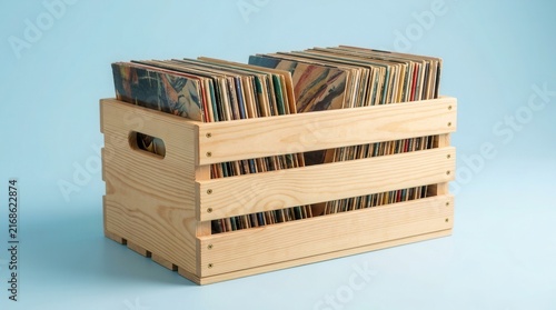 Nostalgic warmth from a sleek wooden crate brimming with cherished records.