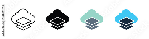 Cloud data layers icon set with database storage and server backup concept in line glyph and modern color style, digital cloud computing vector illustration