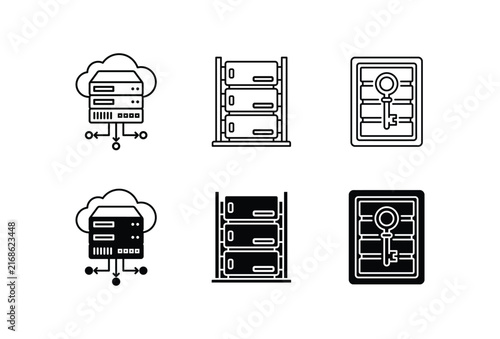 Data server icon set with cloud computing database rack and secure key server in line and glyph style for network storage concept vector illustration