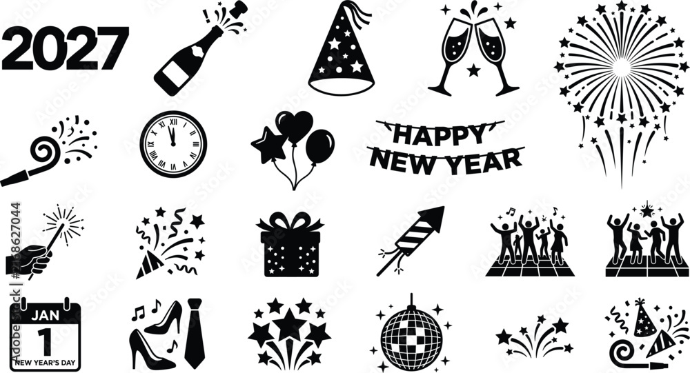 Fototapeta premium Set of black and white New Year 2027 celebration and party vector icons