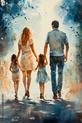 Watercolor painting of a family of four, parents and two daughters, walking handinhand