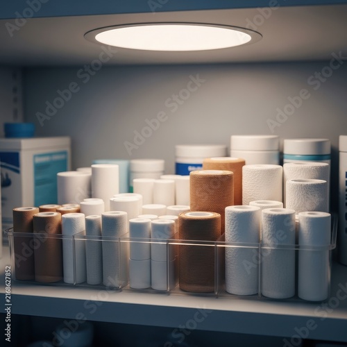 Collection of Sterile Bandages and Medical Supplies Arranged on a Shelf