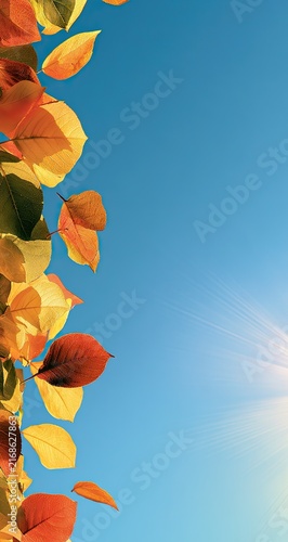 Autumn leaves border a bright sunlit sky with lens flare effect