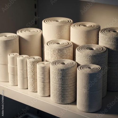 Collection of Sterile Rolled Bandages in Various Sizes Arranged on Shelves for Healthcare and First Aid Needs