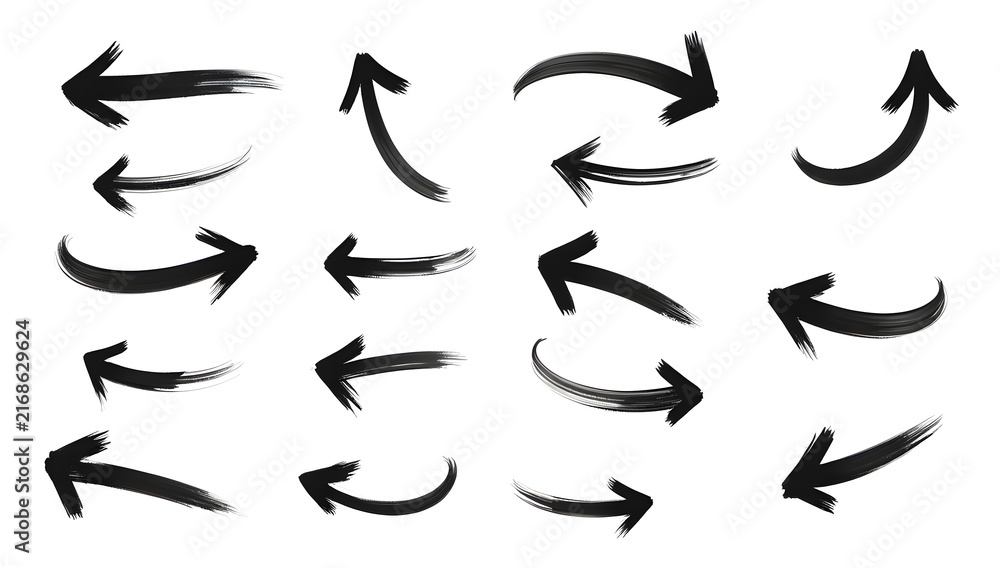 Obraz premium Set of 16 hand drawn black ink brush stroke arrows isolated on white background