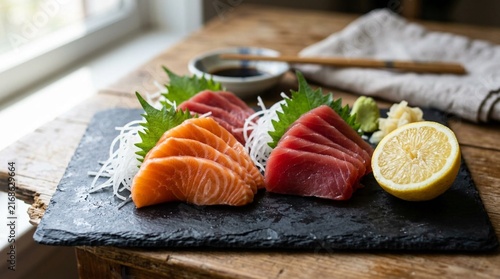 Fresh sashimi platter with raw salmon and tuna slices on black slate board, garnished with shiso leaves, daikon radish, wasabi, ginger, and lemon on rustic wooden table
