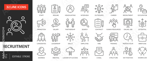 Recruitment line icons collection. Searching for and attracting employees and staff. Human resource, headhunting, career, resume, job hiring.