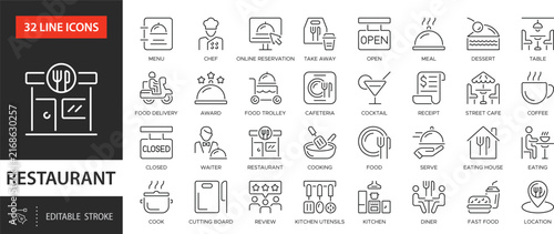 Restaurant line icon set. Menu, eating, open, table, award, meal, restaurant business, coffee, delivery.