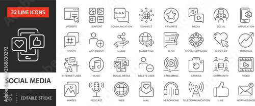 Social media line icons collection. Services for online communication. Blog, like, content, media, social network, website.