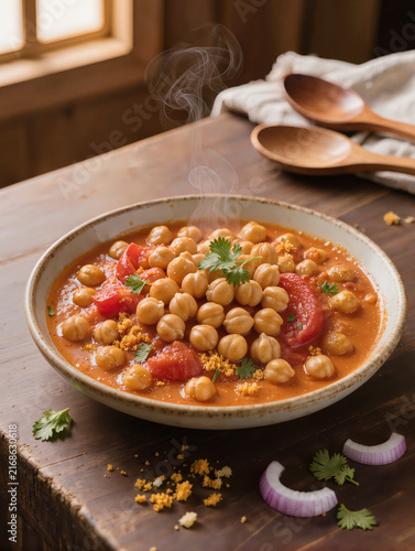 Chickpea curry with tomatoes and spices served in a rustic bowl  