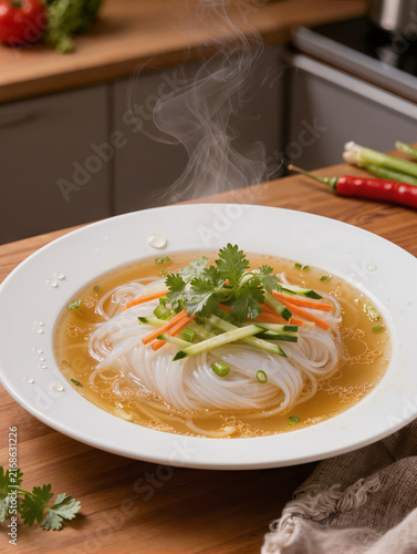Delicious bowl of steaming rice noodles with herbs and vegetables  