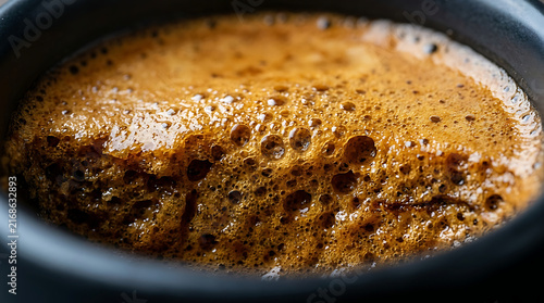 Hot Coffee Foam Macro Close-up, Freshly Brewed Beverage Bubbles