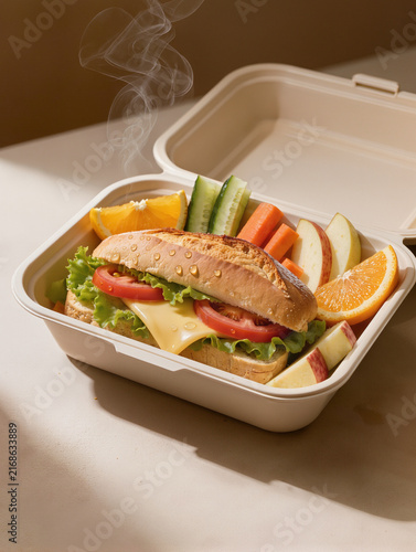 Fresh sandwich with vegetables and fruits in a takeout box  