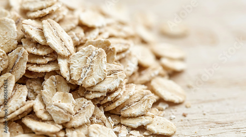 Oatmeal flakes background, natural healthy breakfast cereal, high fiber food