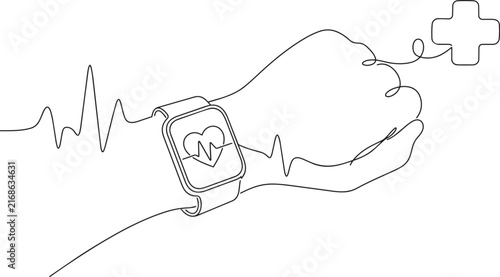 Wearable Health Technology Concept with Smartwatch, Heartbeat and Medical Care Symbol