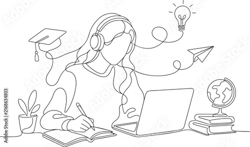 Student Studying Online with Laptop and Headphones, Education Concept