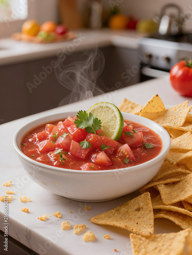 Fresh salsa in a bowl with tortilla chips and lime garnish  