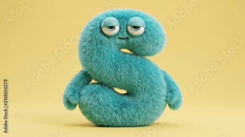 Curious teal fuzzy monster character shaped like letter S on yellow background