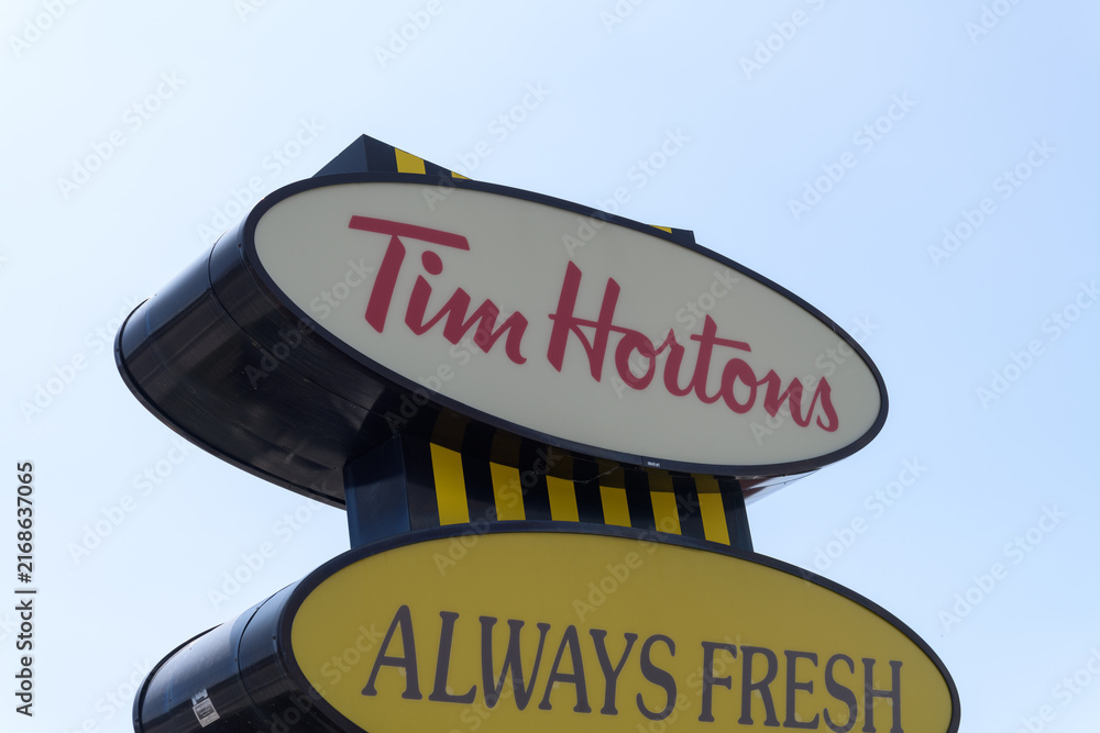 Naklejka premium novelty roadside pylon near Tim Hortons, a coffee shop chain, located here at 415 Danforth Rd (Scarborough) Toronto