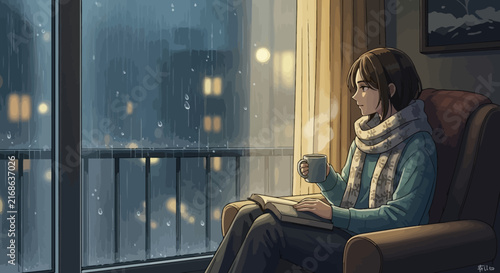 Woman reading book by window on a rainy night.