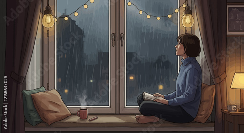 Woman reading book by window on cozy rainy night.