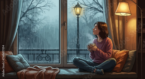 Woman sitting by rainy window holding hot beverage.
