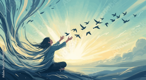 Woman releasing birds into the sky at sunrise illustration.