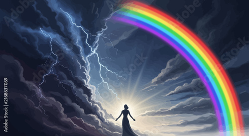 Woman silhouette facing bright rainbow in stormy sky.