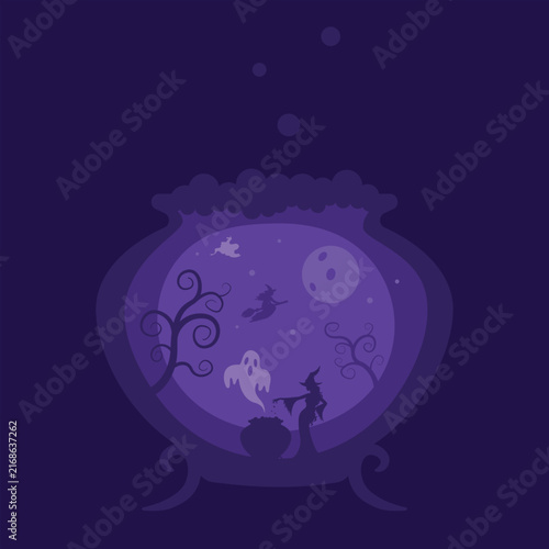Mystical Witch Cauldron under Full Moon, Purple Flat Halloween Vector Scene with Ghost and Flying Witches for Posters, Cards and Magic Backgrounds