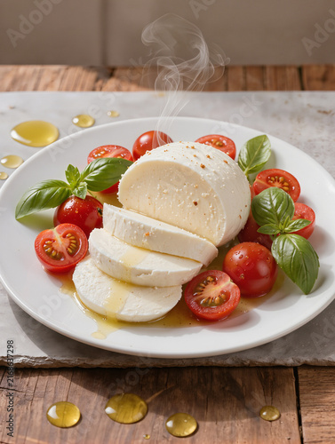 Fresh mozzarella cheese slices with cherry tomatoes and basil  