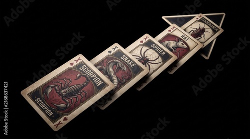 Line of vintage illustrated cards featuring creepy animals