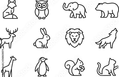 Simple line drawing collection of various animal heads and faces.
