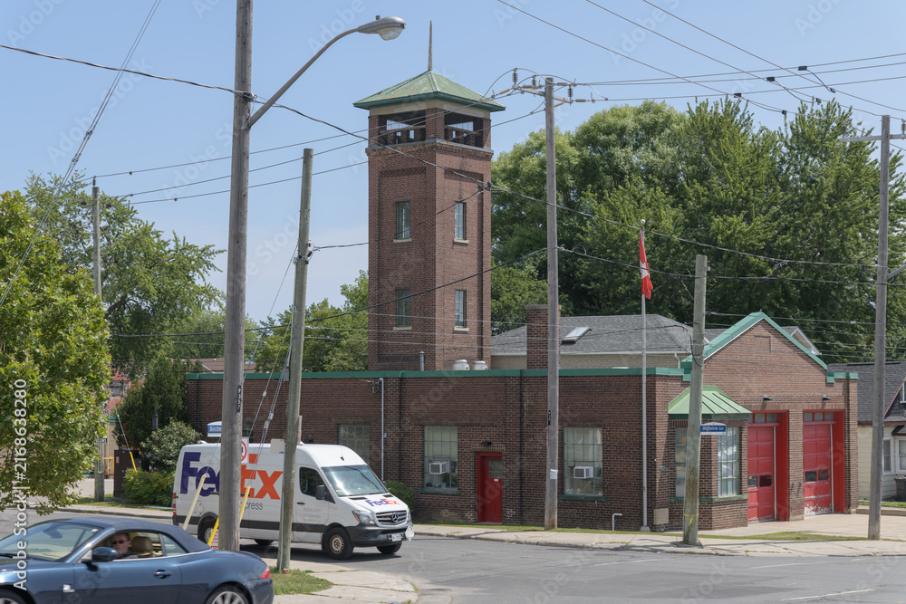 Naklejka premium view of historic Birchmount Fire Hall (Scarborough Fire Hall #1), built in 1925, with hose tower, now a museum located at 351 Birchmount Rd, Toronto