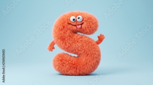 Cheerful orange fuzzy monster character shaped like letter S with raised arms