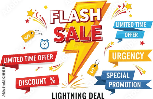 Vibrant yellow lightning bolt sale promotional graphic with discount elements.