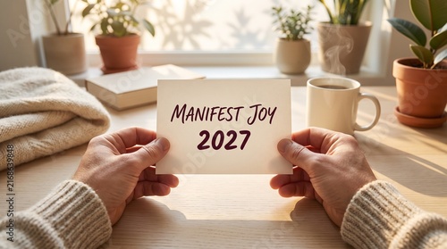 Plakat w ramie Hands holding manifest joy 2027 card for new year positive intention