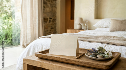 Blank folded paper card mockup on a wooden tray in a luxury hotel bedroom