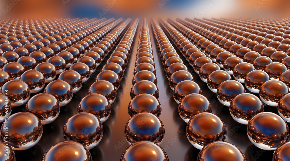 Fototapeta premium Abstract copper spheres in symmetrical grid|Futuristic 3D render of reflective metallic balls|Molecular structure background with orange and blue lighting|Technology and data science concept art