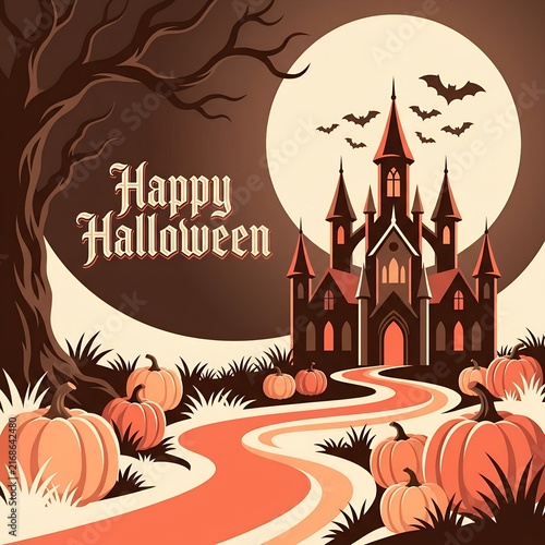 Happy Halloween vintage vector illustration background. Gothic castle and spooky pumpkins on winding path. Full moon with bats and bare trees. Retro ghost haunting landscape. Spooky autumn