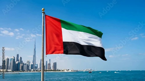United Arab Emirates Flag Flying Over Dubai Skyline by the Waterfront