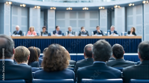 annual shareholder meeting focused on corporate governance, board members seated together on an elegant stage, shareholders listening in the foreground, modern conference architecture, balanced