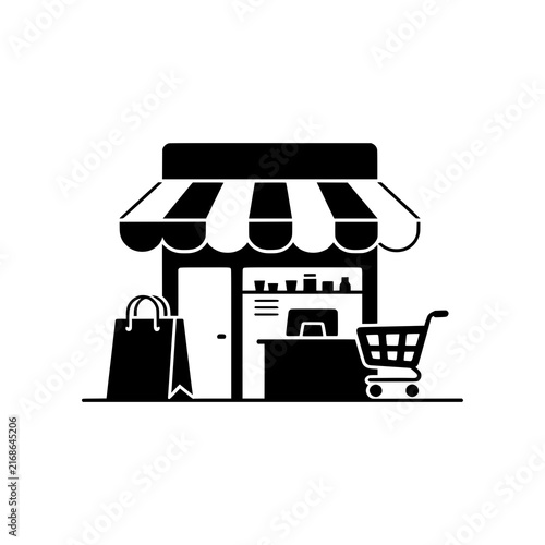 Obraz na plátne Retail Store vector illustration featuring a modern storefront with display windows, awning and shopping elements in a clean minimalist style