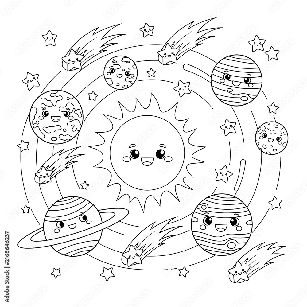 Fototapeta premium Cute cartoon solar system with smiling planets and comets in a playful style 
